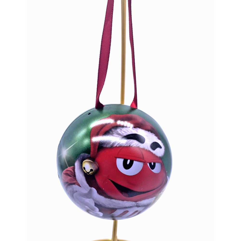 M&Ms Christmas Ornament Metal Tin Ball Green Red Put Mini Gift or Candy Inside